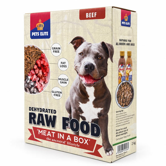 Pets Elite Dehydrated Raw Dog Food Beef, 2kg box, front view (angle 2)