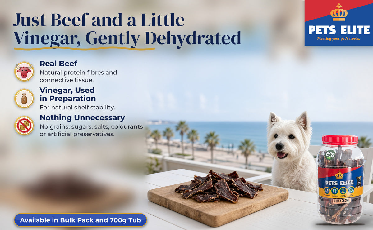 Westie at a Sea Point patio table with a pile of Bully Chows on a wooden board