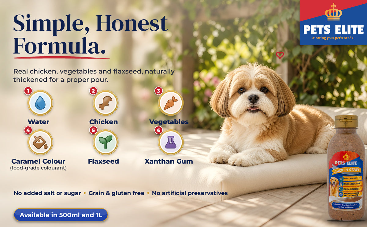 Ingredient diagram for Pets Elite Chicken Gravy beside a Shih Tzu on a shaded patio