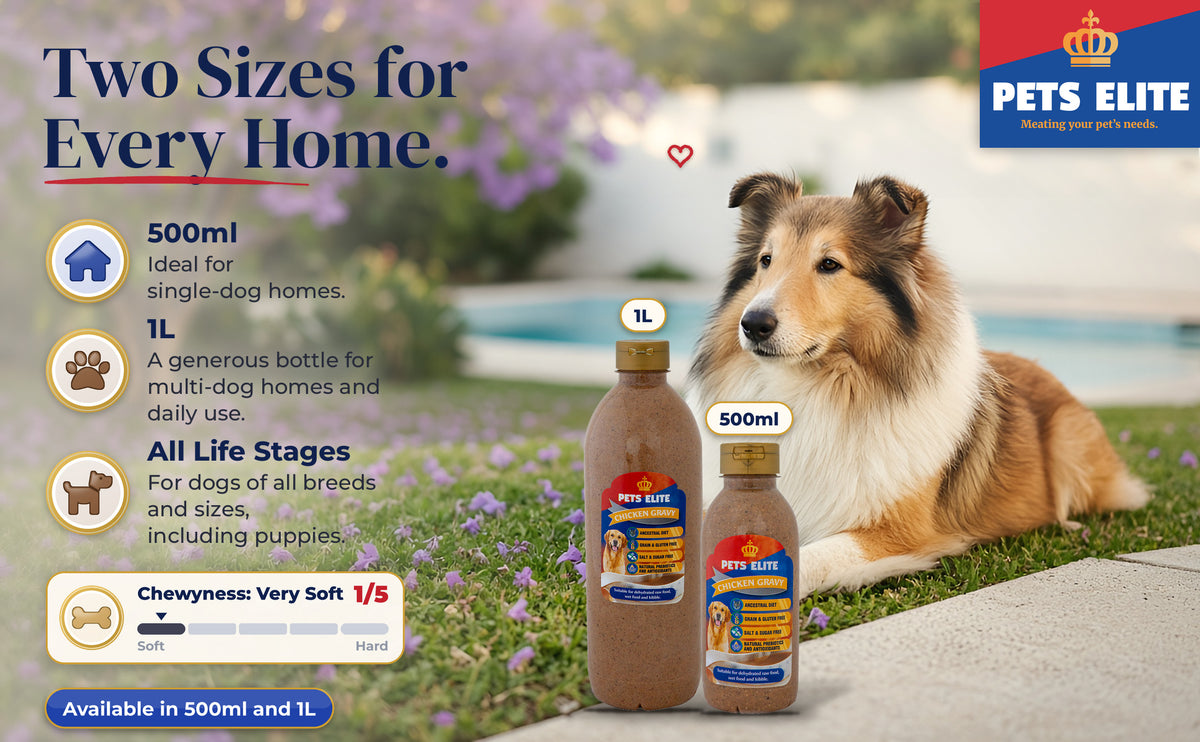 Rough Collie on a garden lawn with both gravy bottles and a Chewyness rating of 1/5 Very Soft