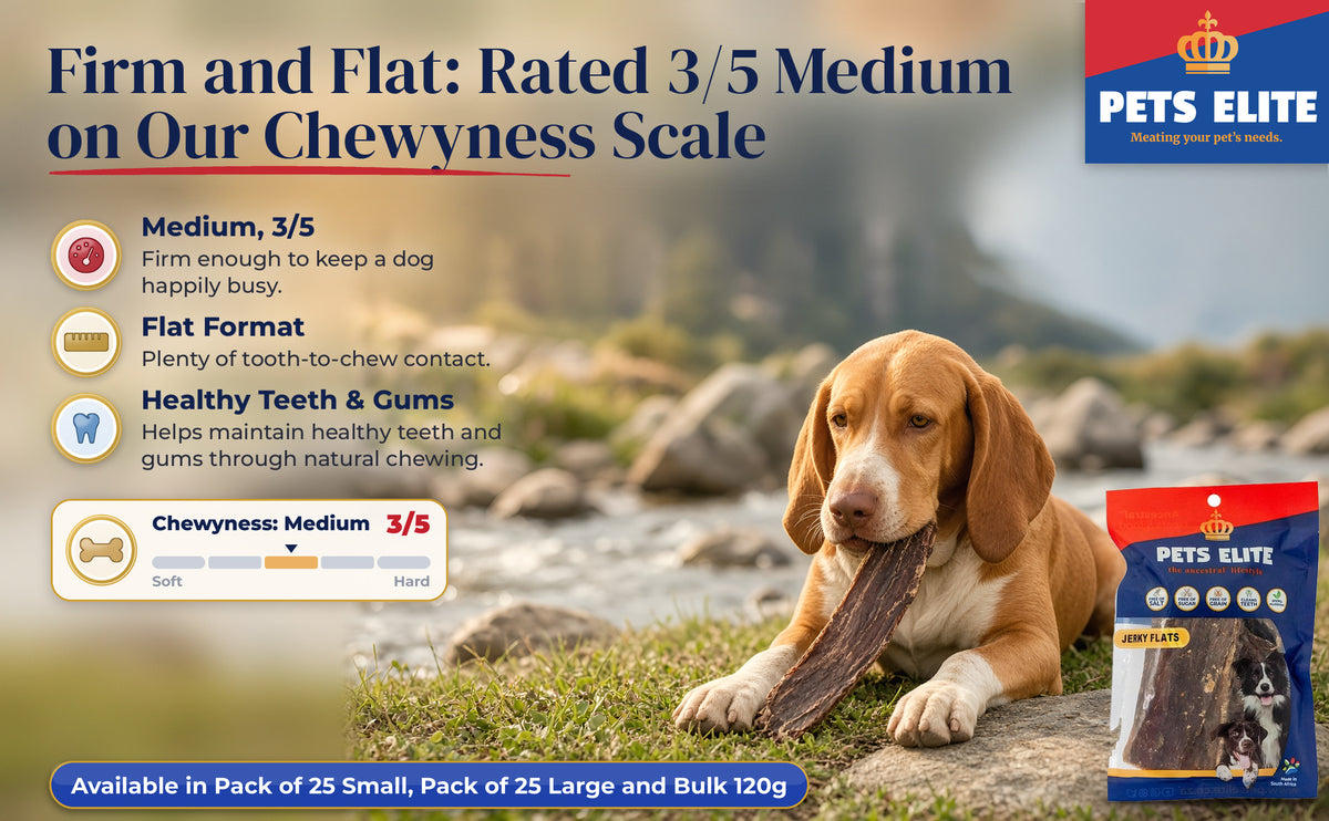 Bracco Italiano chewing a Jerky Flat on a Drakensberg riverbank, Chewyness 3 of 5