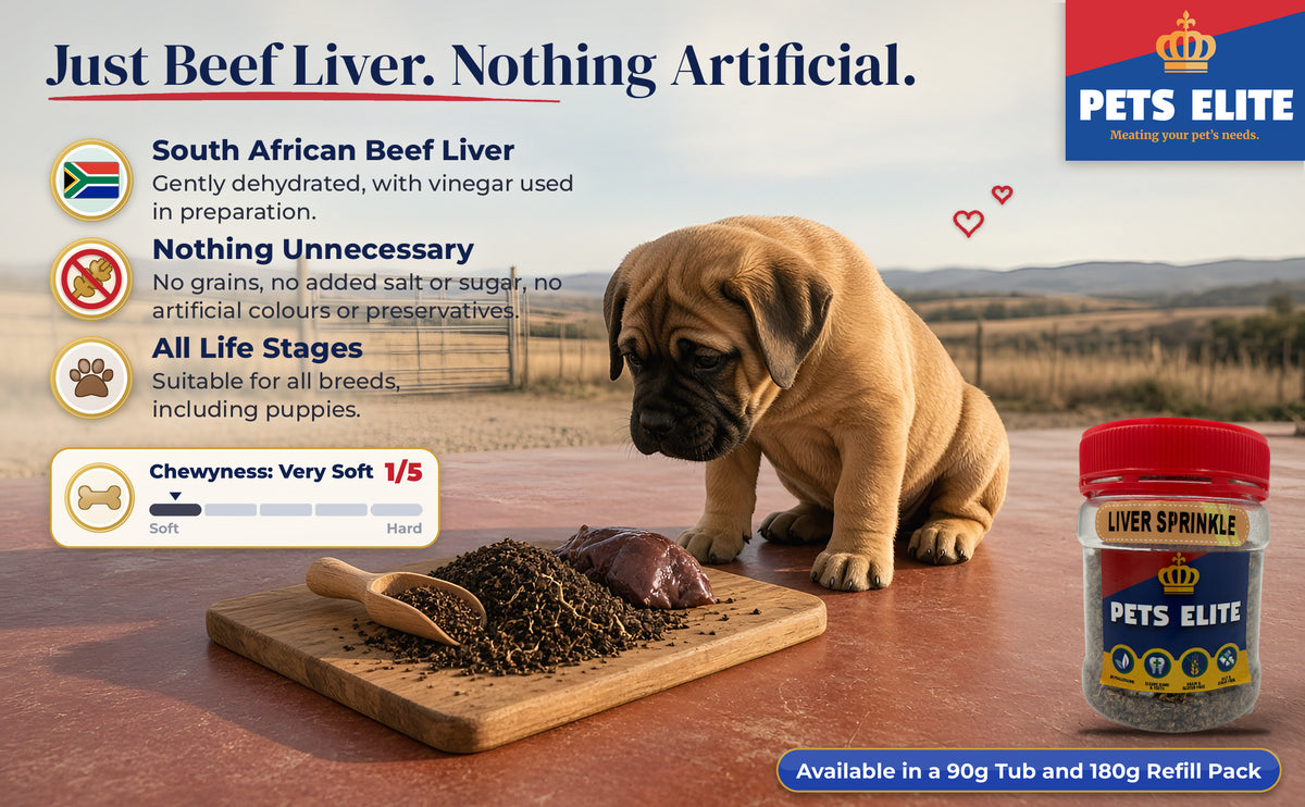 Bullmastiff puppy by a board of liver crumbles and beef liver, with a Chewyness rating of 1 out of 5
