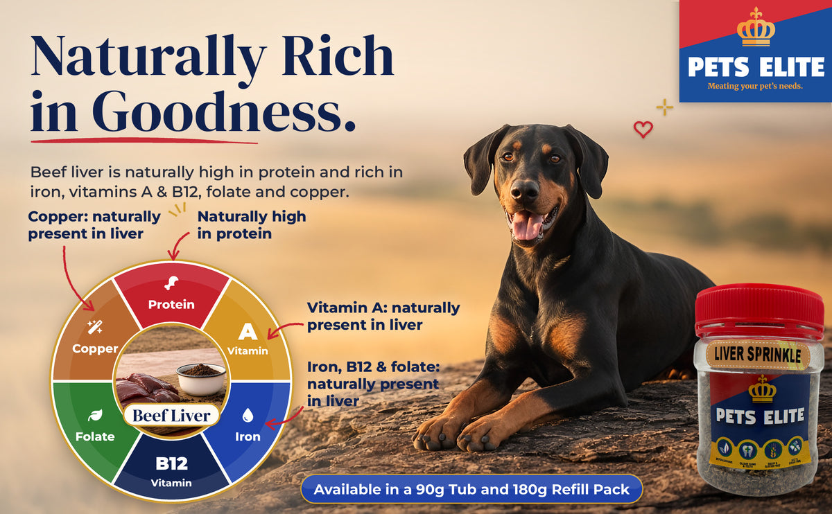 Nutrient wheel for beef liver beside a Dobermann and the Pets Elite Liver Sprinkle tub