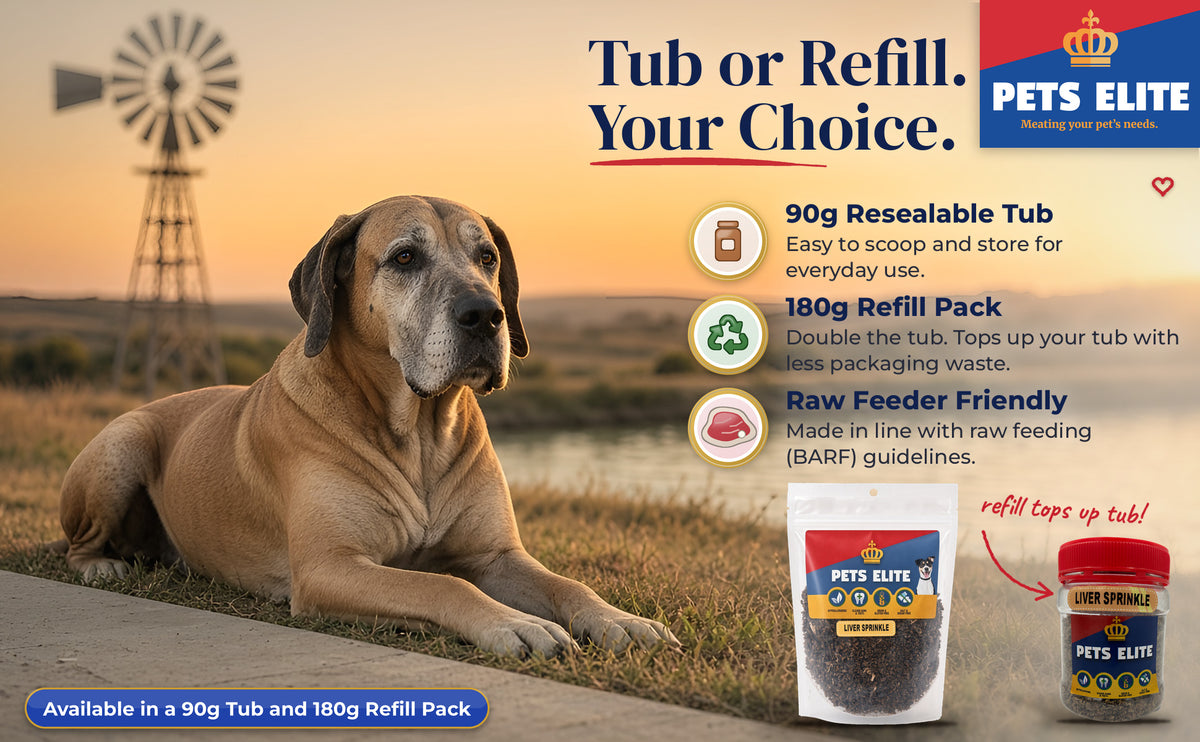 Senior Great Dane by a farm windmill with the Liver Sprinkle 90g tub and 180g refill pack