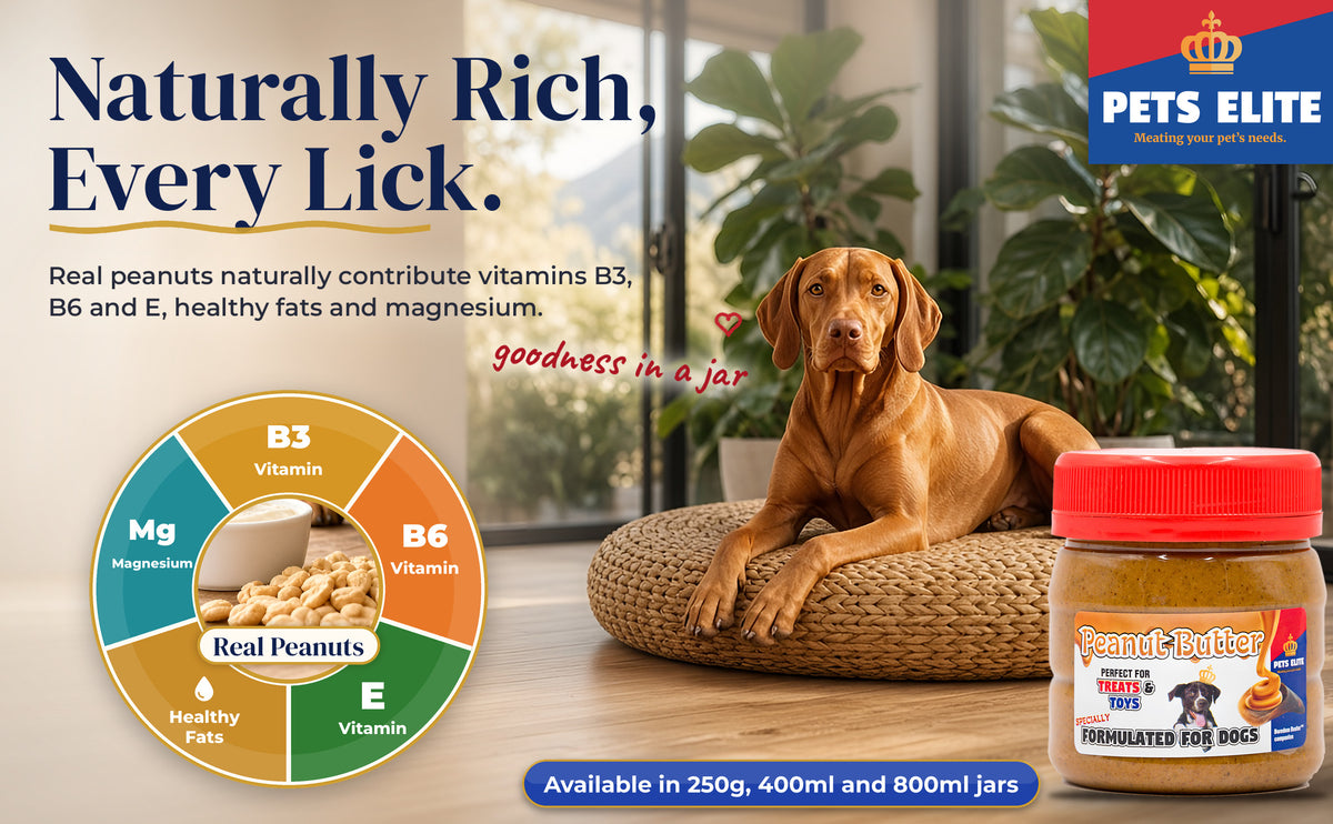 Nutrient wheel for Pets Elite Peanut Butter beside a Vizsla and the Pets Elite jar