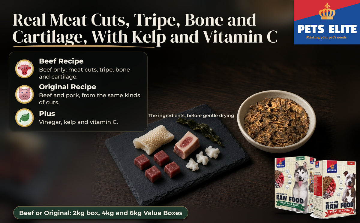 Raw beef cuts, tripe, bone, cartilage and kelp on dark slate beside a bowl of the dehydrated food