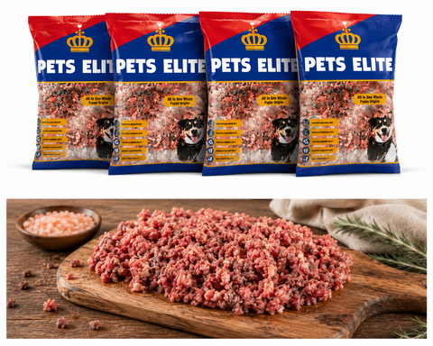 Pets Elite All-in-One Frozen Raw Mince 500 g packs, front of pack