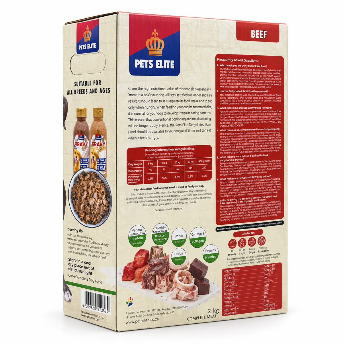 Pets Elite Dehydrated Raw Dog Food Beef, 2kg box, back of pack