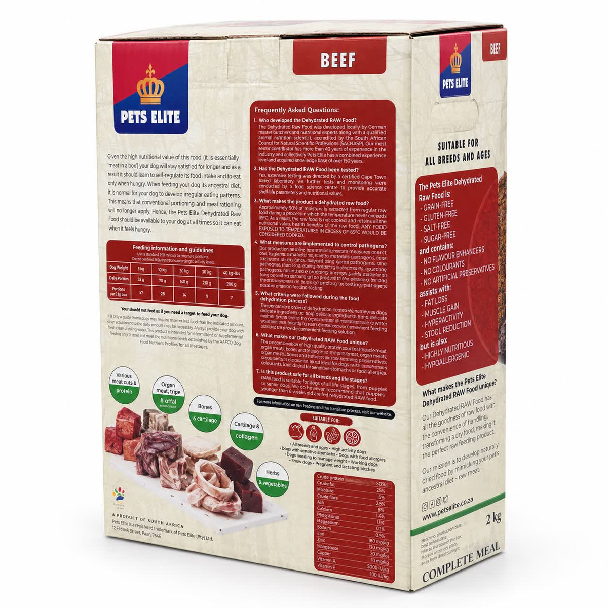 Pets Elite Dehydrated Raw Dog Food Beef, 2kg box, back of pack (angle 2)