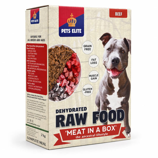 Pets Elite Dehydrated Raw Dog Food Beef, 2kg box, front view