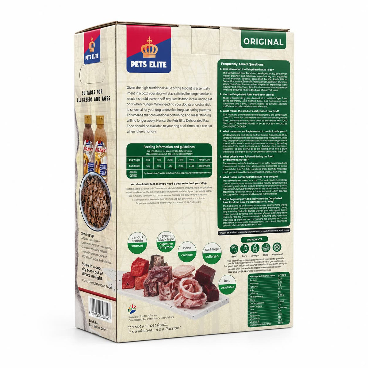 Pets Elite Dehydrated Raw Dog Food Original, 2kg box, back of pack