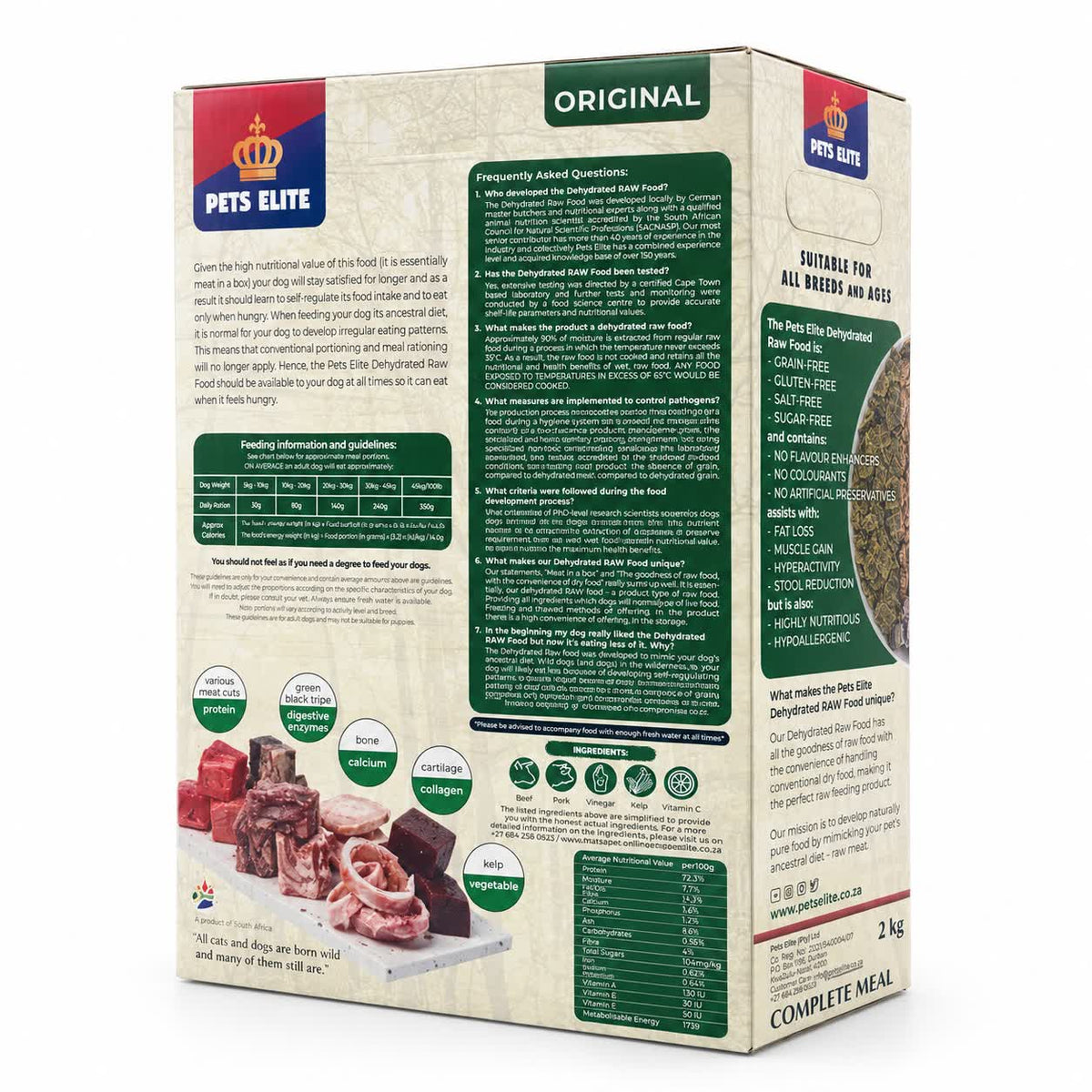 Pets Elite Dehydrated Raw Dog Food Original, 2kg box, back of pack (angle 2)