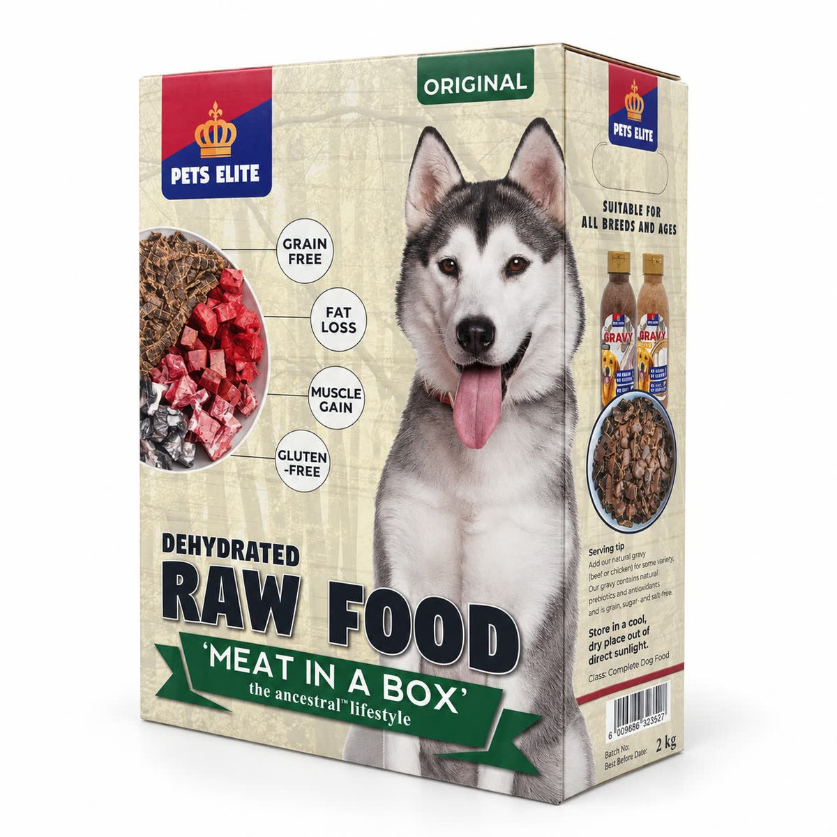 Pets Elite Dehydrated Raw Dog Food Original, 2kg box, front view (angle 2)