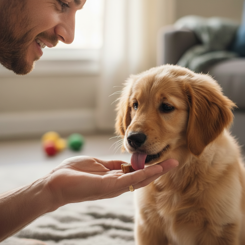 Pets Elite Puppy Chews Tub, puppy being fed a treat