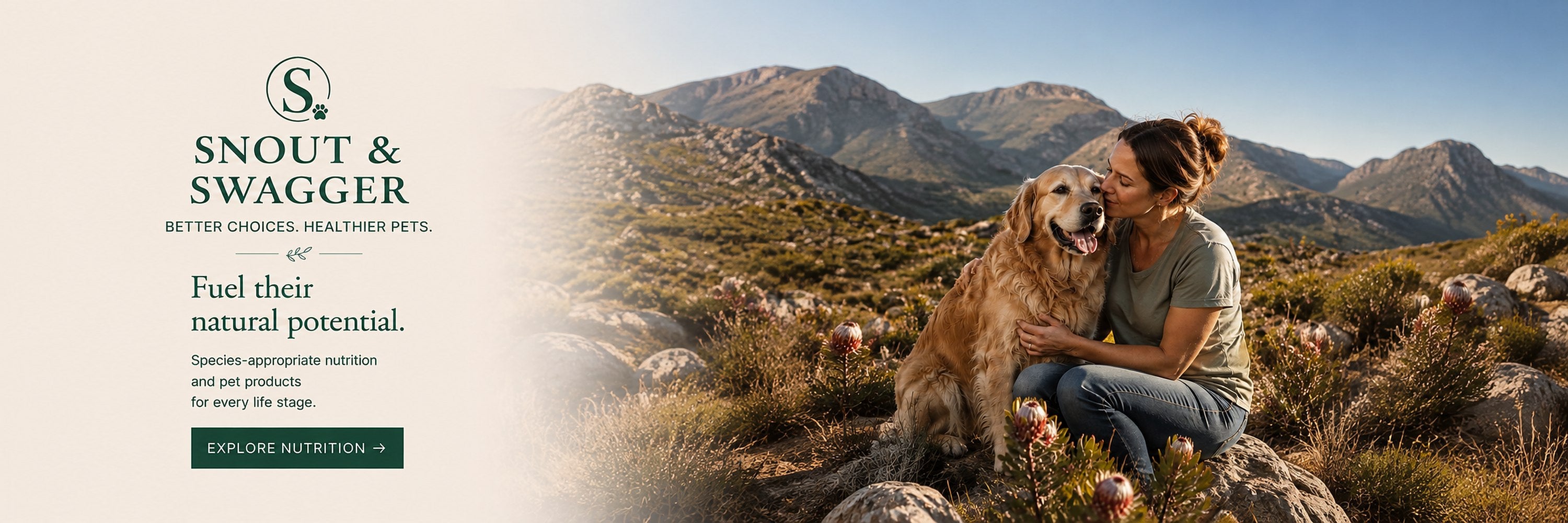 Woman with golden retriever in Cape fynbos beside the Snout & Swagger logo — natural pet wellness, South Africa