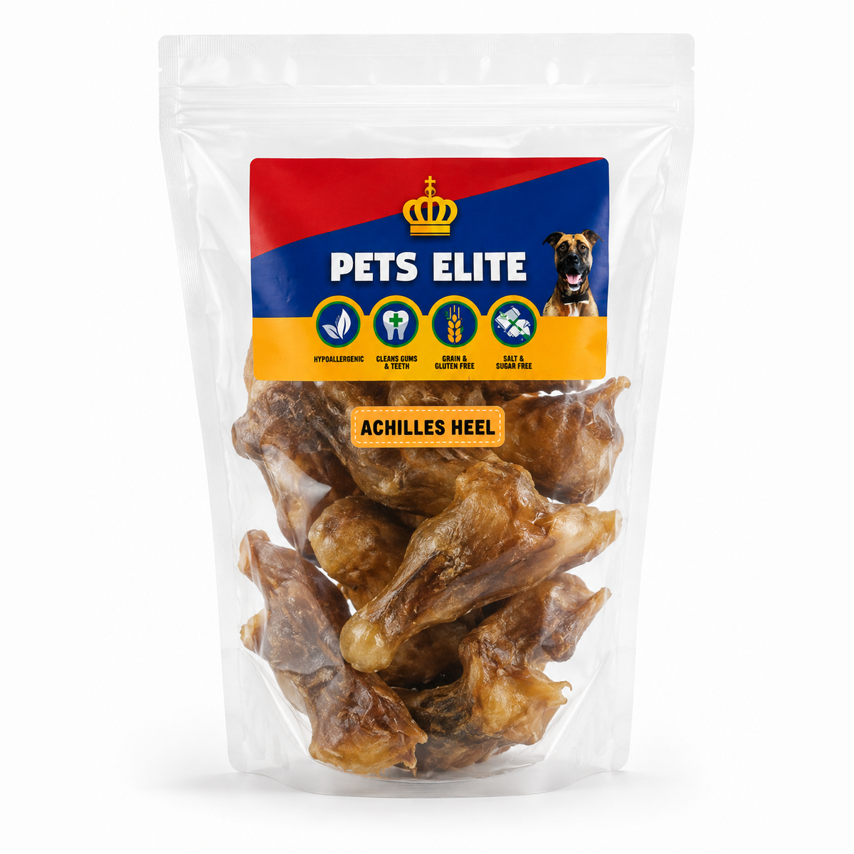 Pets Elite Achilles Tendon Chews, front of pack — long-lasting natural beef tendon dog chew from Snout & Swagger