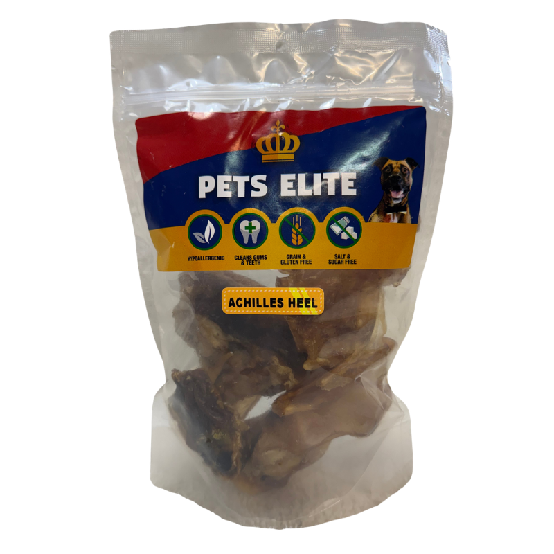 Pets Elite Achilles Heel, front of pack (view 2 of 3) — natural beef achilles tendon dog chew from Snout & Swagger