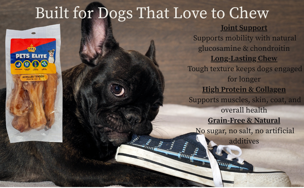 Pets Elite Achilles Heel Pack of 5, product information panel (view 5 of 6) — natural beef achilles tendon dog chew from Snout & Swagger