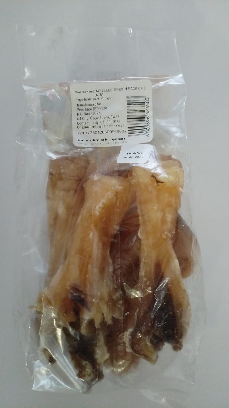 Pets Elite Achilles Heel Pack of 5, back of pack showing ingredients and feeding guide (view 1 of 3) — natural beef achilles tendon dog chew from Snout & Swagger