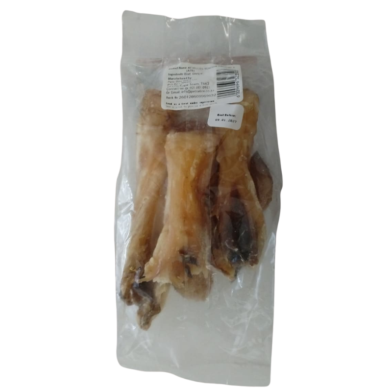 Pets Elite Achilles Heel Pack of 5, back of pack showing ingredients and feeding guide (view 2 of 3) — natural beef achilles tendon dog chew from Snout & Swagger