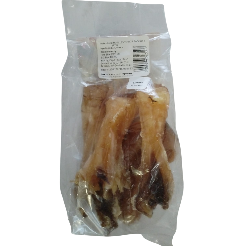 Pets Elite Achilles Heel Pack of 5, back of pack showing ingredients and feeding guide (view 3 of 3) — natural beef achilles tendon dog chew from Snout & Swagger