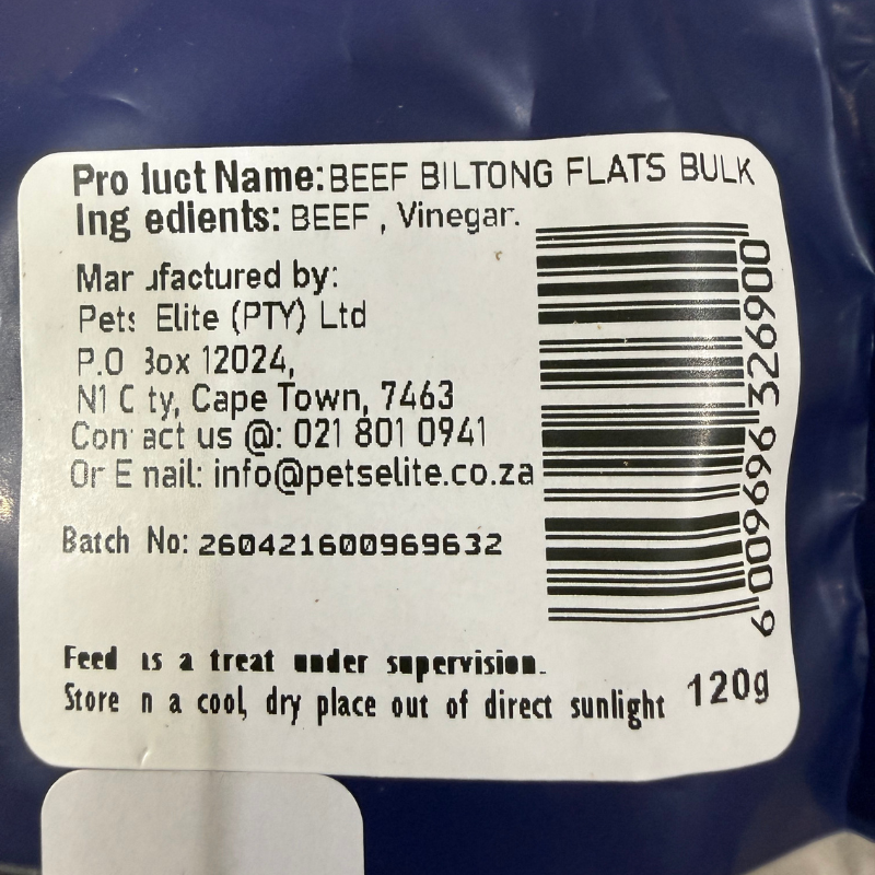 Pets Elite Beef Biltong Flats 120g Bulk, back of pack showing ingredients and feeding guide — air-dried beef biltong dog chew from Snout & Swagger