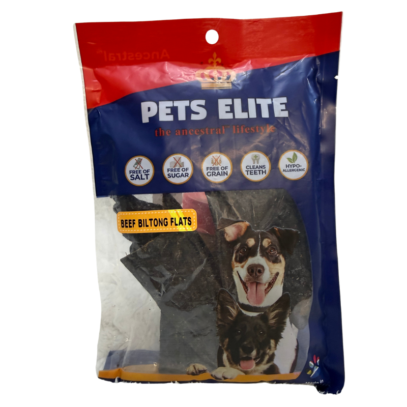 Pets Elite Beef Biltong Flats, front of pack — air-dried beef biltong dog chew from Snout & Swagger