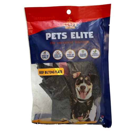 Pets Elite Beef Biltong Flats, front of pack — air-dried beef biltong dog chew from Snout & Swagger