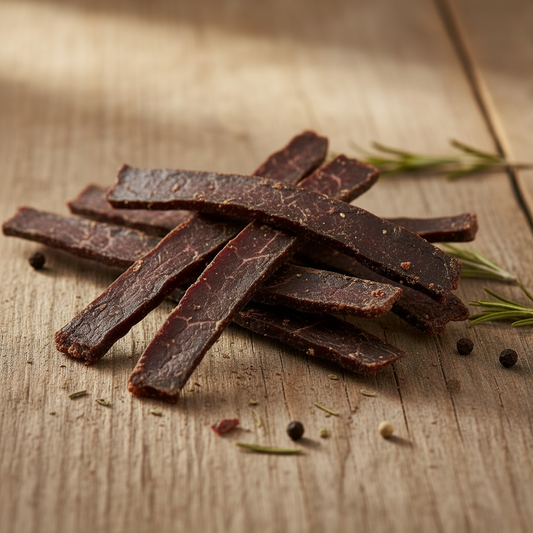 Pets Elite Beef Biltong Flats, front of pack — air-dried beef biltong dog chew from Snout & Swagger