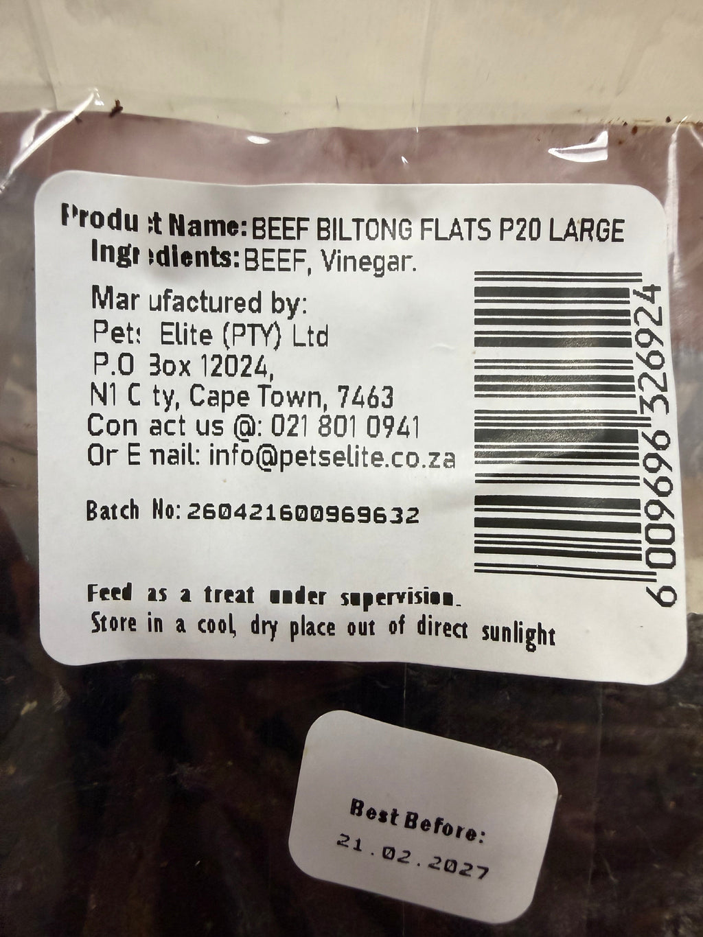 Pets Elite Beef Biltong Flats Pack of 20 Large, back of pack showing ingredients and feeding guide (view 1 of 2) — air-dried beef biltong dog chew from Snout & Swagger
