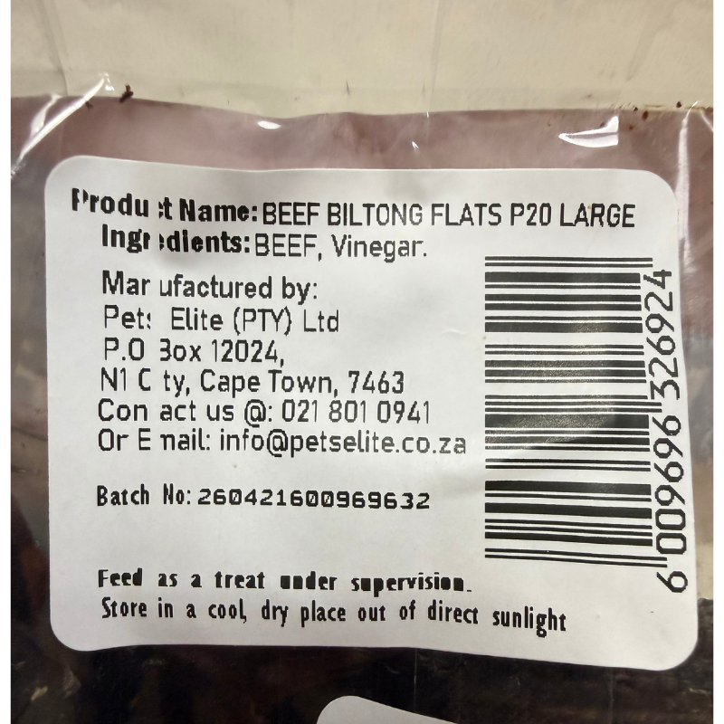 Pets Elite Beef Biltong Flats Pack of 20 Large, back of pack showing ingredients and feeding guide (view 2 of 2) — air-dried beef biltong dog chew from Snout & Swagger