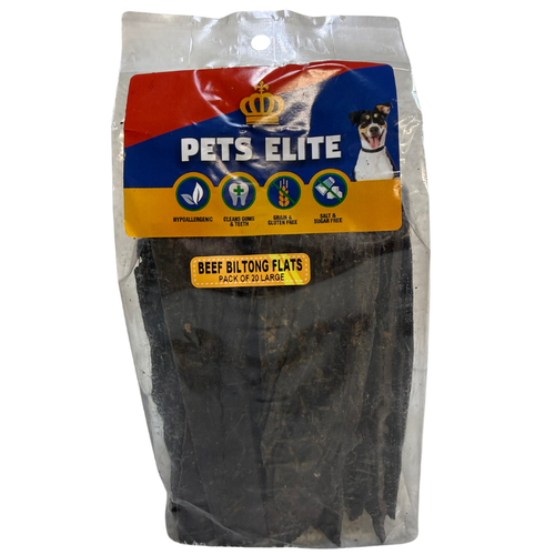Pets Elite Beef Biltong Flats Pack of 20 Large, front of pack — air-dried beef biltong dog chew from Snout & Swagger