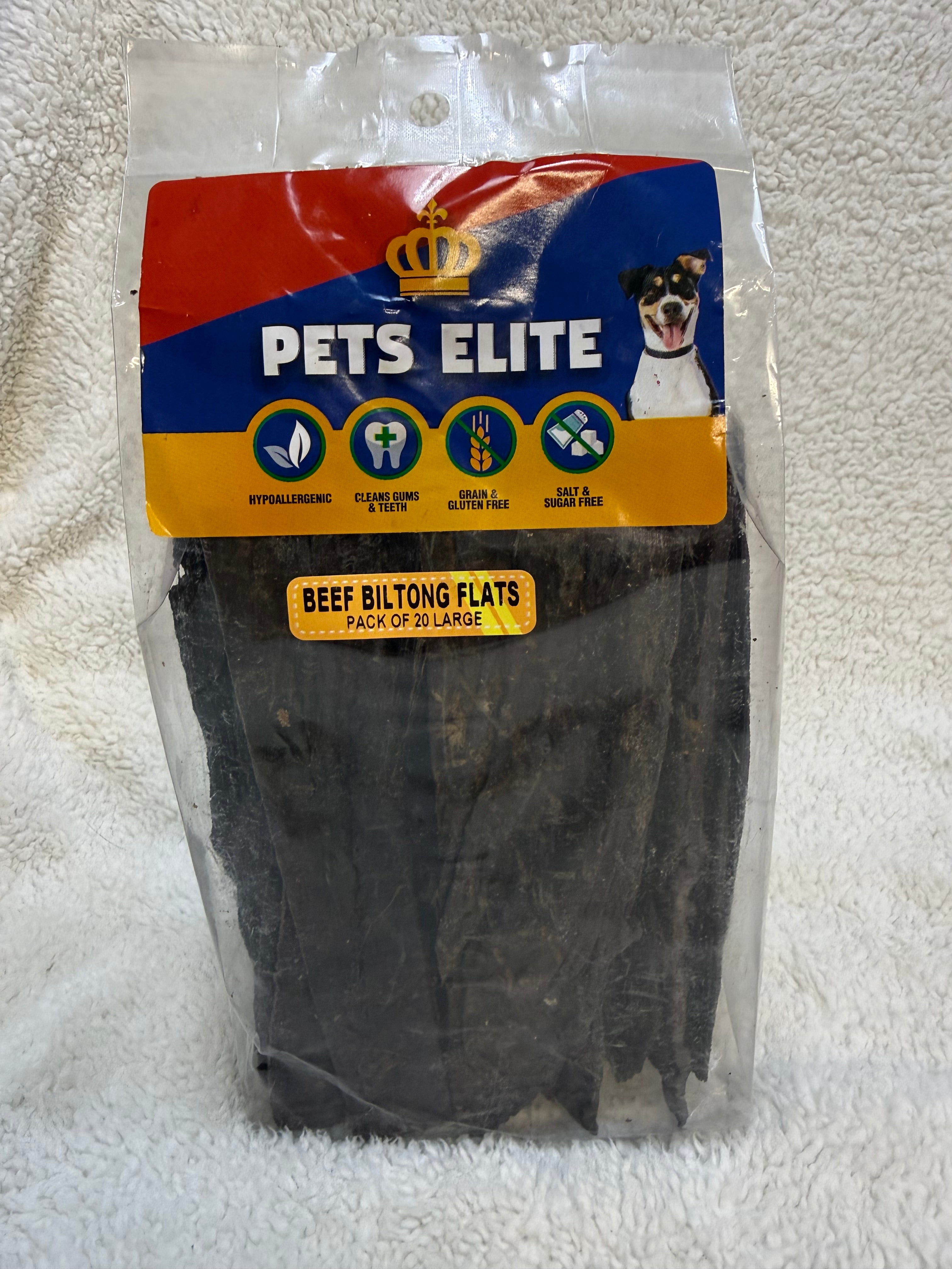 Pets Elite Beef Biltong Flats Pack of 20 Large, pack photographed in hand (view 1 of 3) — air-dried beef biltong dog chew from Snout & Swagger