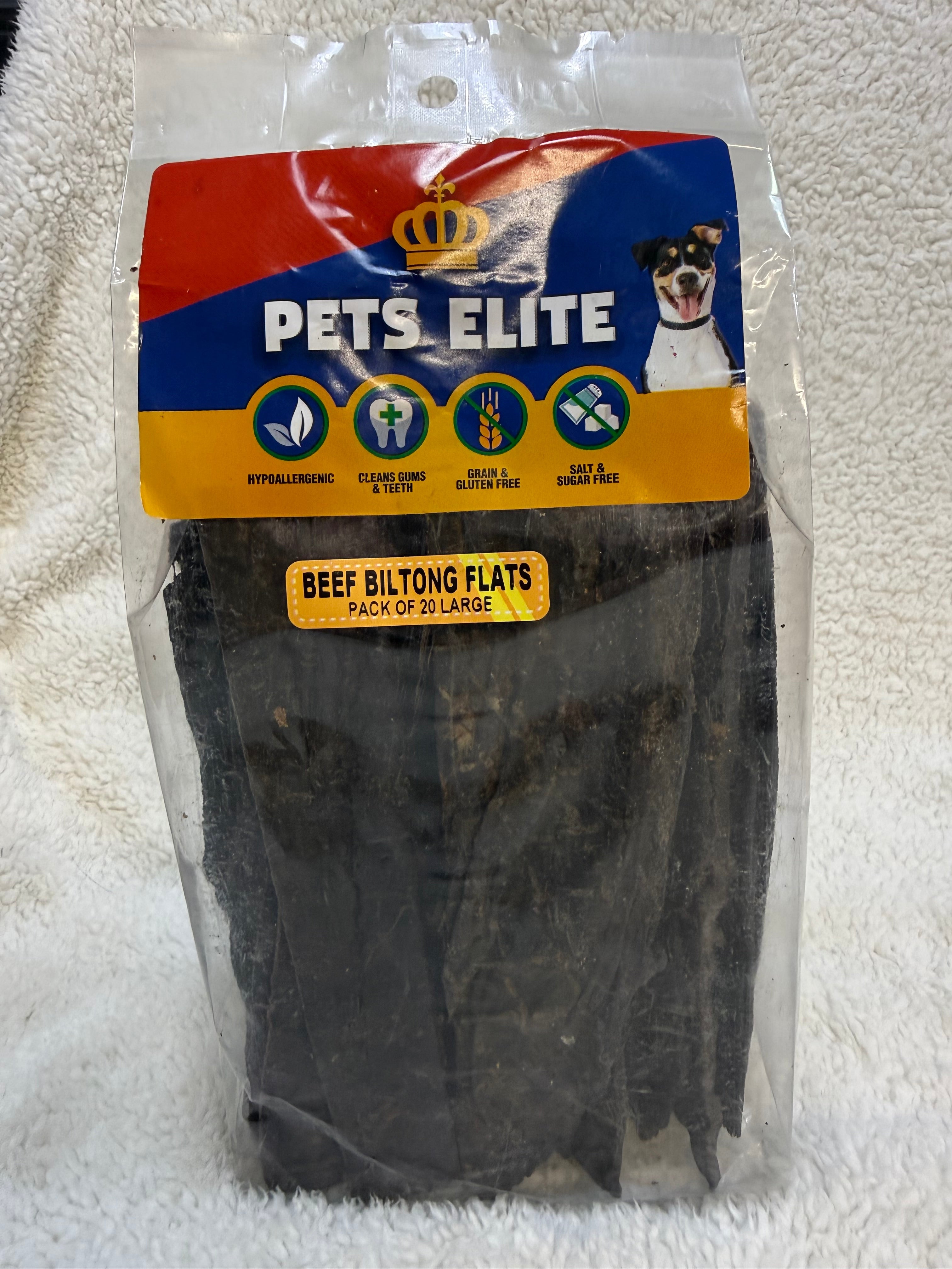 Pets Elite Beef Biltong Flats Pack of 20 Large, pack photographed in hand (view 3 of 3) — air-dried beef biltong dog chew from Snout & Swagger