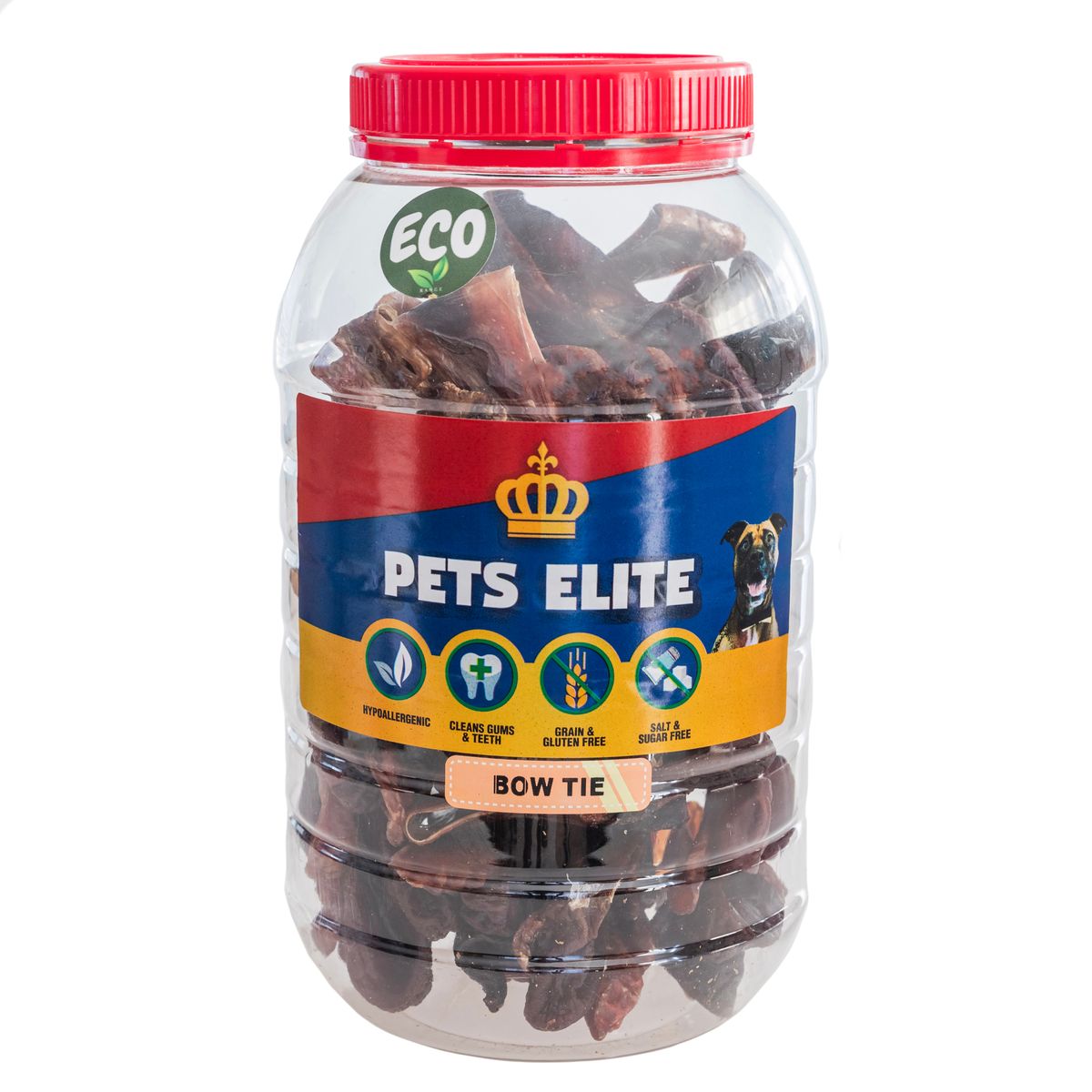 Pets Elite Beef Bow Tie 650g Tub, front of pack — natural beef bow tie dog treat from Snout & Swagger