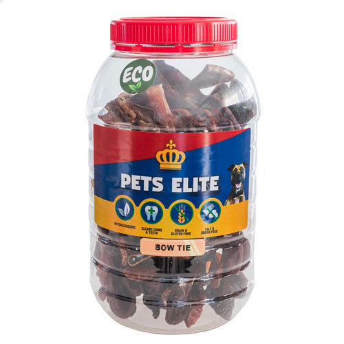 Pets Elite Beef Bow Tie 650g Tub, front of pack — natural beef bow tie dog treat from Snout & Swagger