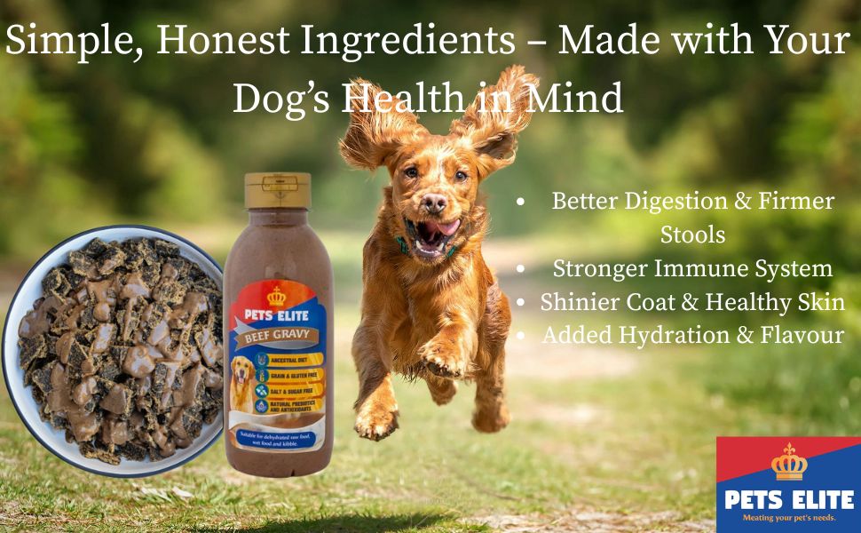 Pets Elite Beef Gravy Meal Topper, product information panel (view 1 of 2) — natural beef gravy meal topper for dogs from Snout & Swagger