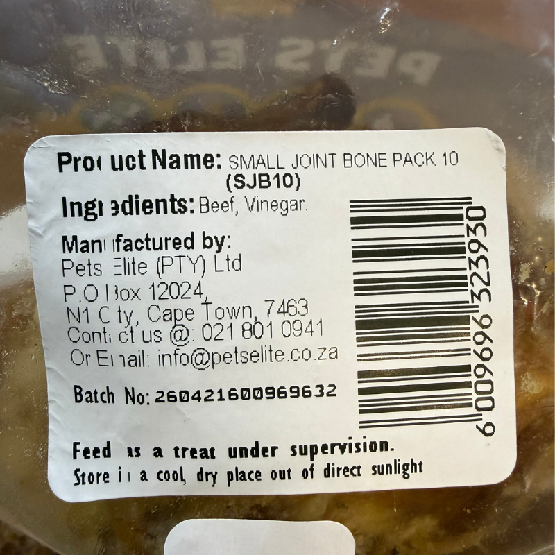 Pets Elite Beef Joint Bone Pack of 10, back of pack showing ingredients and feeding guide (view 1 of 4) — natural beef joint bone dog chew from Snout & Swagger