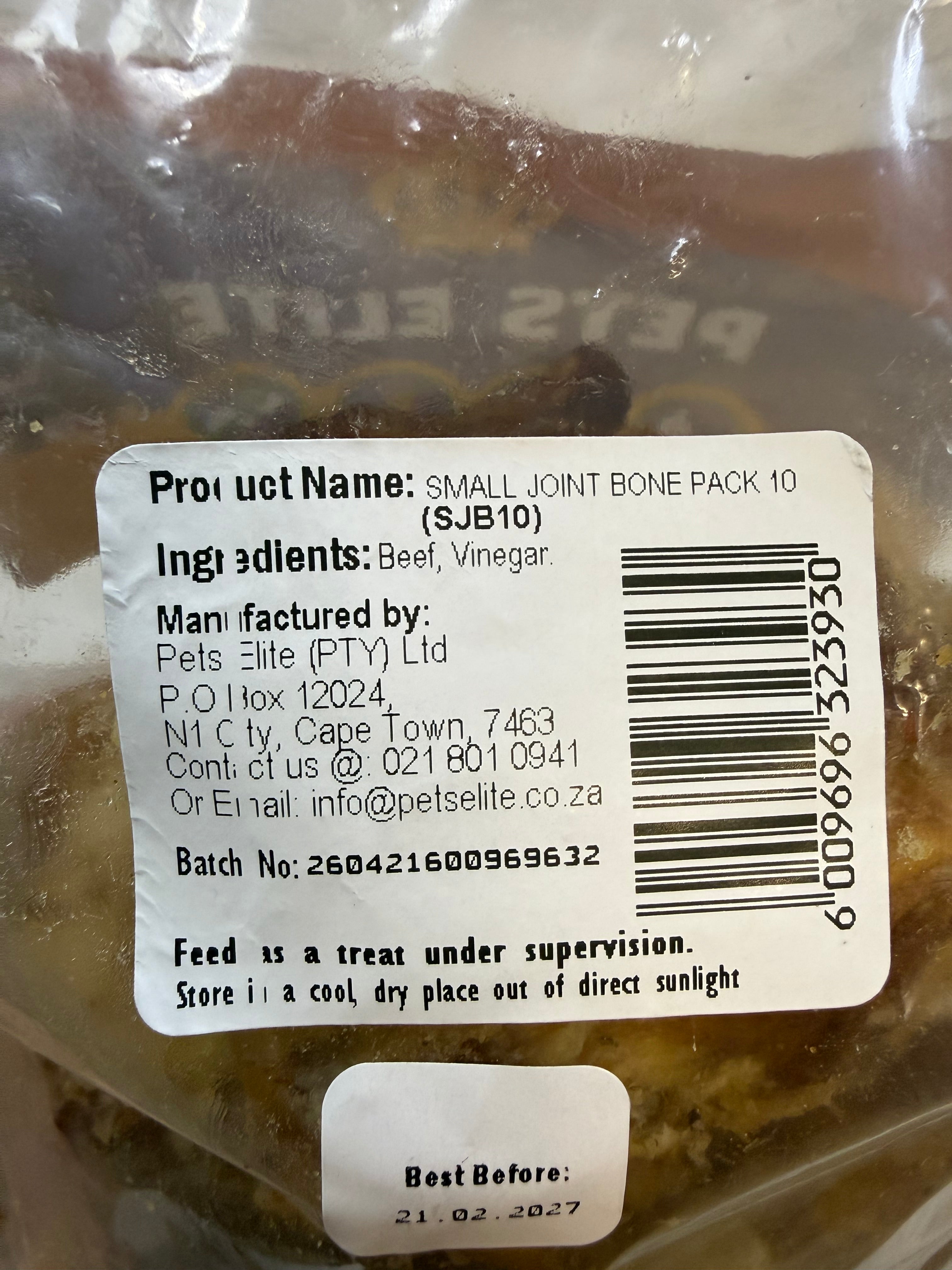 Pets Elite Beef Joint Bone Pack of 10, back of pack showing ingredients and feeding guide (view 2 of 4) — natural beef joint bone dog chew from Snout & Swagger