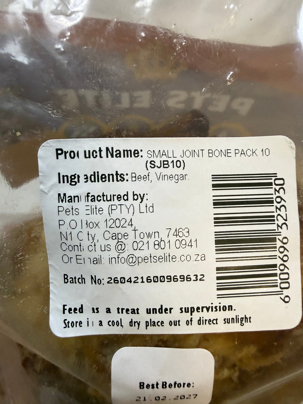 Pets Elite Beef Joint Bone Pack of 10, back of pack showing ingredients and feeding guide (view 3 of 4) — natural beef joint bone dog chew from Snout & Swagger