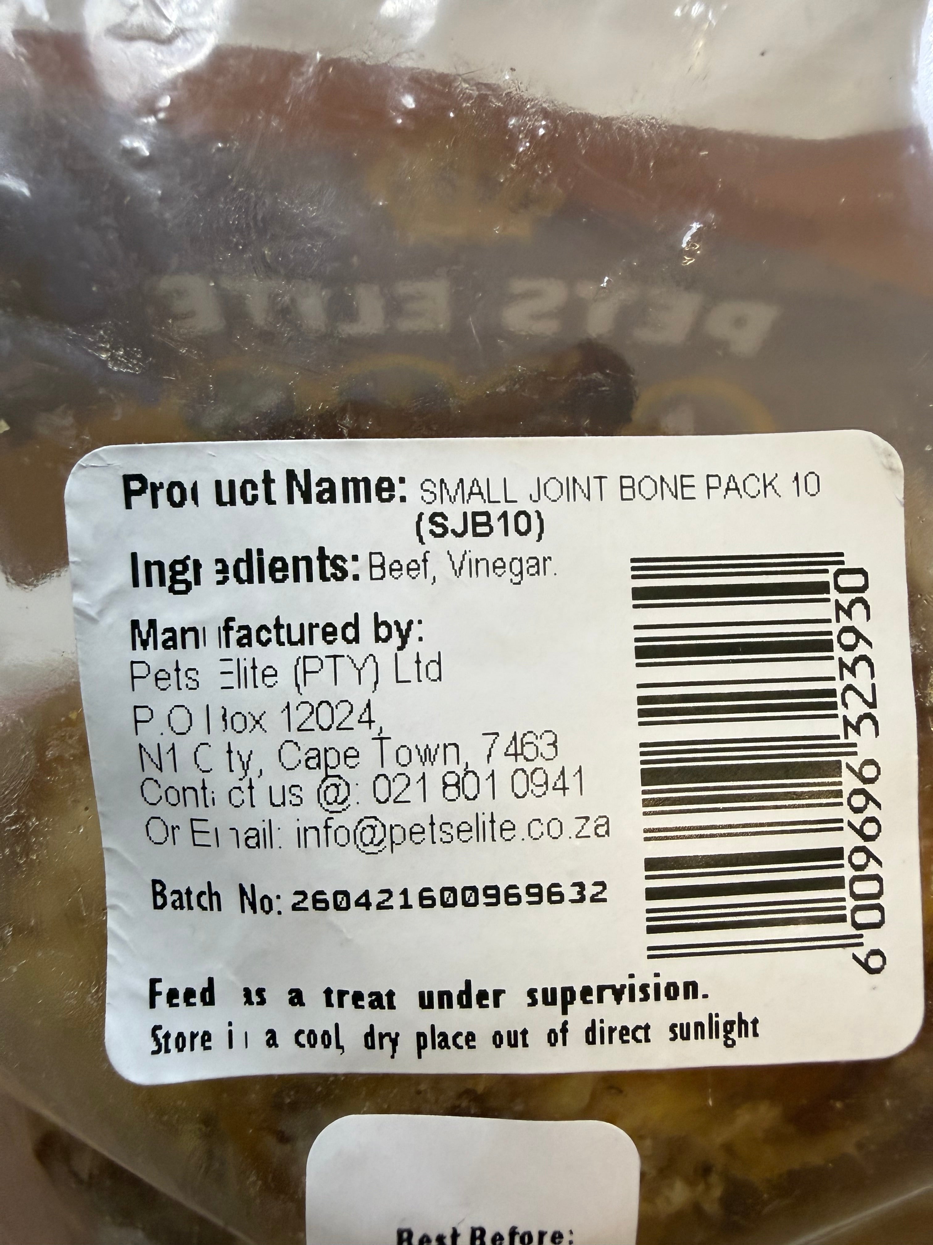 Pets Elite Beef Joint Bone Pack of 10, back of pack showing ingredients and feeding guide (view 4 of 4) — natural beef joint bone dog chew from Snout & Swagger