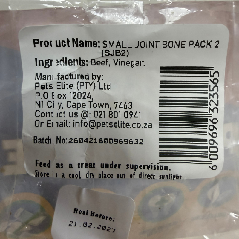 Pets Elite Beef Joint Bone Pack of 2, back of pack showing ingredients and feeding guide (view 2 of 2) — natural beef joint bone dog chew from Snout & Swagger
