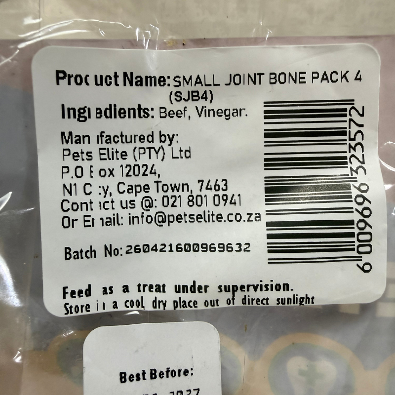 Pets Elite Beef Joint Bone Pack of 4, back of pack showing ingredients and feeding guide — natural beef joint bone dog chew from Snout & Swagger