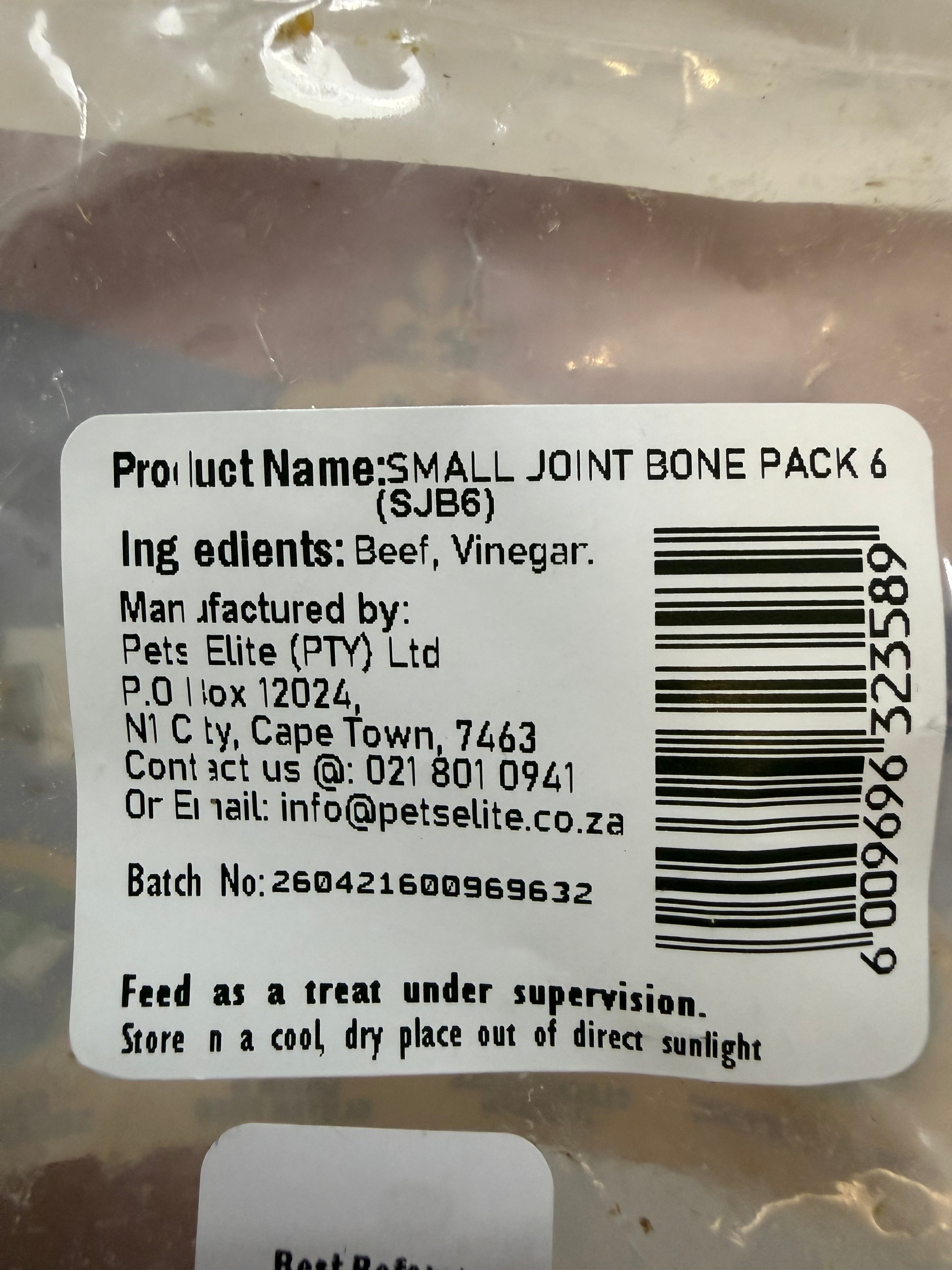 Pets Elite Beef Joint Bone Pack of 6, back of pack showing ingredients and feeding guide (view 1 of 3) — natural beef joint bone dog chew from Snout & Swagger
