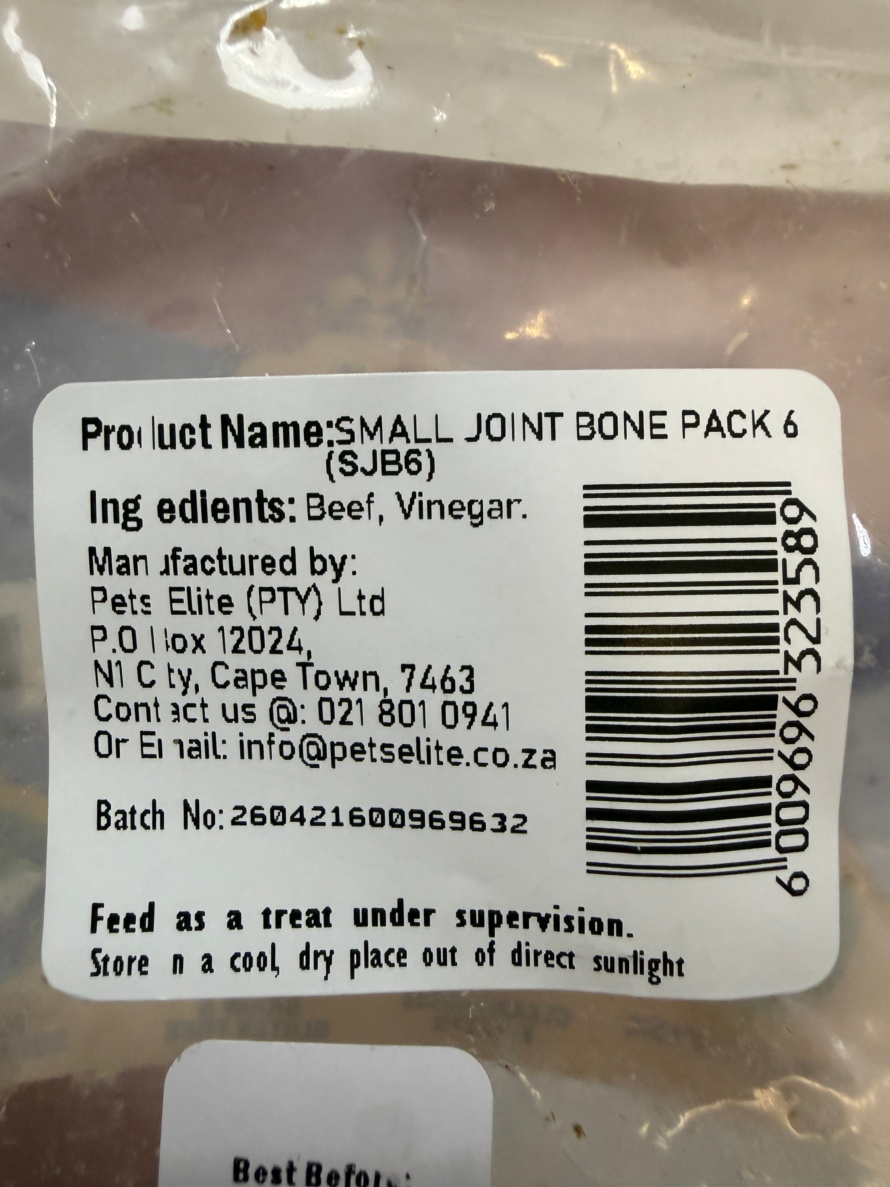 Pets Elite Beef Joint Bone Pack of 6, back of pack showing ingredients and feeding guide (view 2 of 3) — natural beef joint bone dog chew from Snout & Swagger