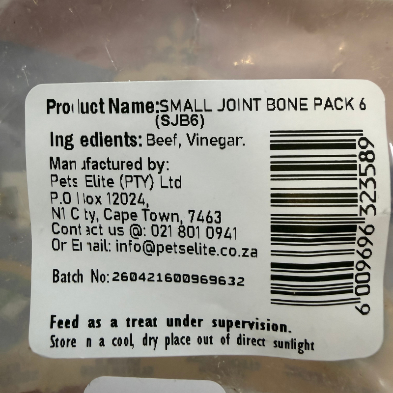 Pets Elite Beef Joint Bone Pack of 6, back of pack showing ingredients and feeding guide (view 3 of 3) — natural beef joint bone dog chew from Snout & Swagger