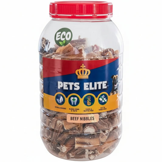 Pets Elite Beef Nibbles Tub 850g, front of pack — natural beef nibble dog treat from Snout & Swagger