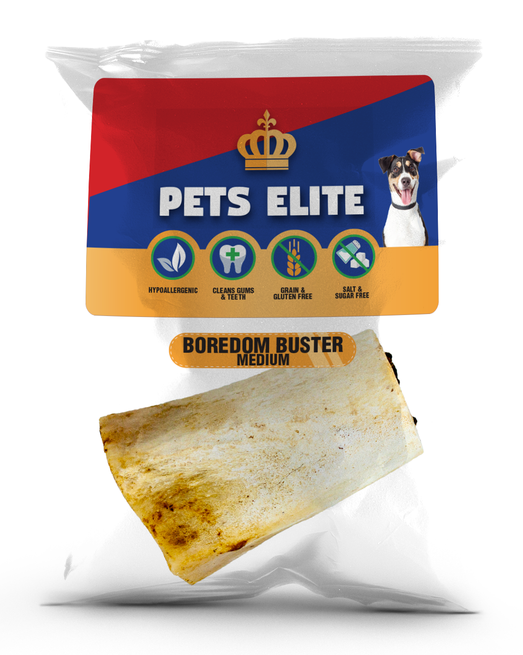 Pets Elite Boredom Buster Medium, front of pack — long-lasting boredom buster dog chew from Snout & Swagger
