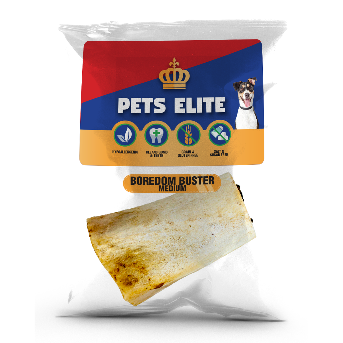 Pets Elite Boredom Buster, front of pack — liver biltong and peanut butter filled dog chew from Snout & Swagger