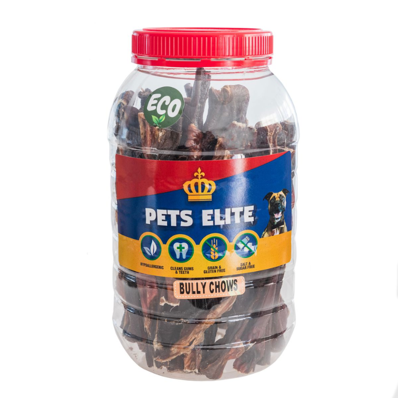 Pets Elite Bully Chows Tub 700g, front of pack — natural beef bully chow dog treat from Snout & Swagger